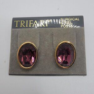 NEW‎ Vintage Trifari Purple Oval Pierced Earrings Gold Tone Classic